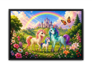Pastel unicorn family near castle in cute fantasy artwork style for kids decor.