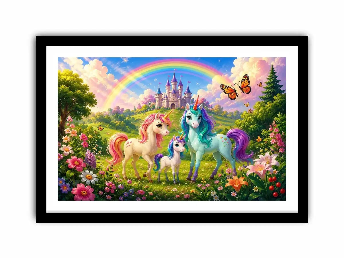 Pastel unicorn family near castle in cute fantasy artwork style for kids decor.