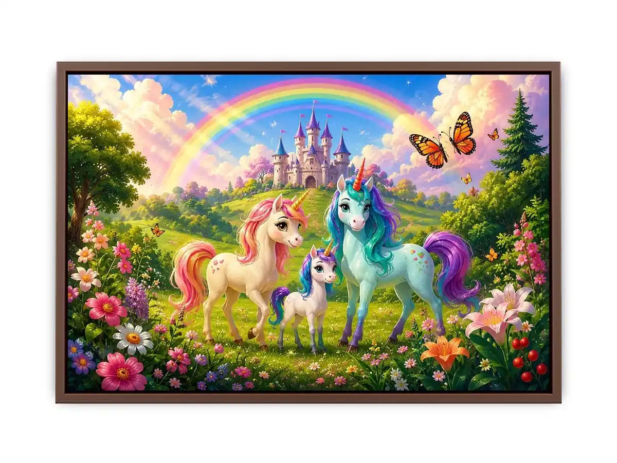 Pastel unicorn family near castle in cute fantasy artwork style for kids decor.