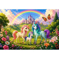 Pastel unicorn family near castle in cute fantasy artwork style for kids decor.