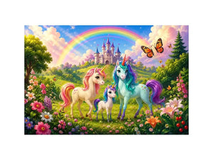Pastel unicorn family near castle in cute fantasy artwork style for kids decor.