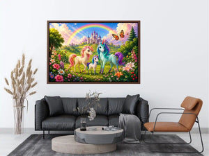 Pastel unicorn family near castle in cute fantasy artwork style for kids decor.