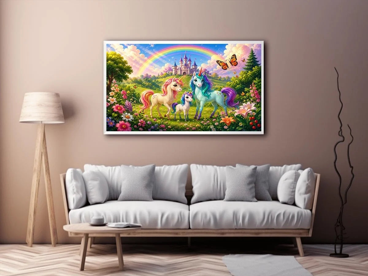 Pastel unicorn family near castle in cute fantasy artwork style for kids decor.