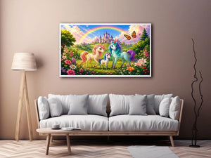 Pastel unicorn family near castle in cute fantasy artwork style for kids decor.