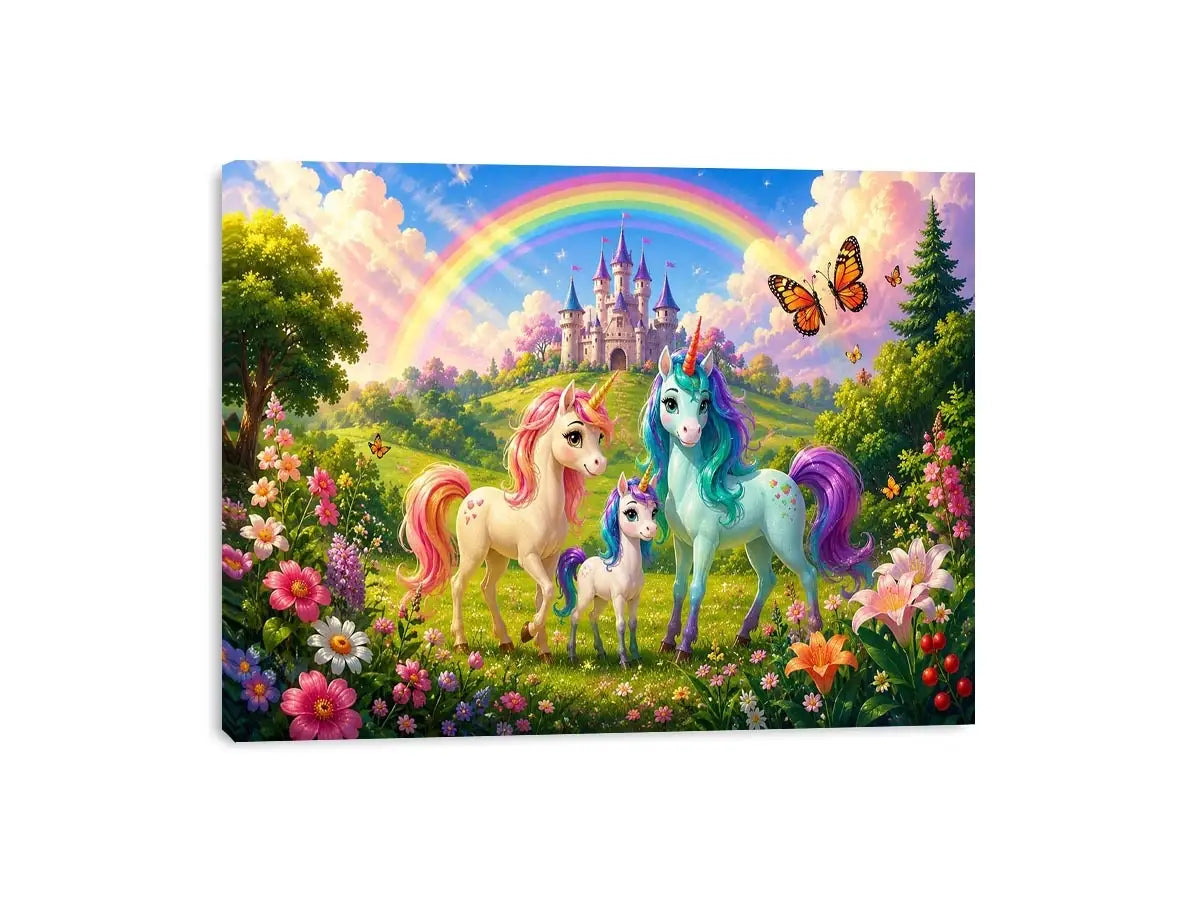 Pastel unicorn family near castle in cute fantasy artwork style for kids decor.