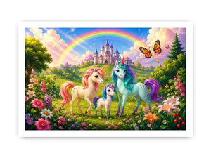 Pastel unicorn family near castle in cute fantasy artwork style for kids decor.
