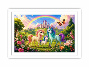 Pastel unicorn family near castle in cute fantasy artwork style for kids decor.