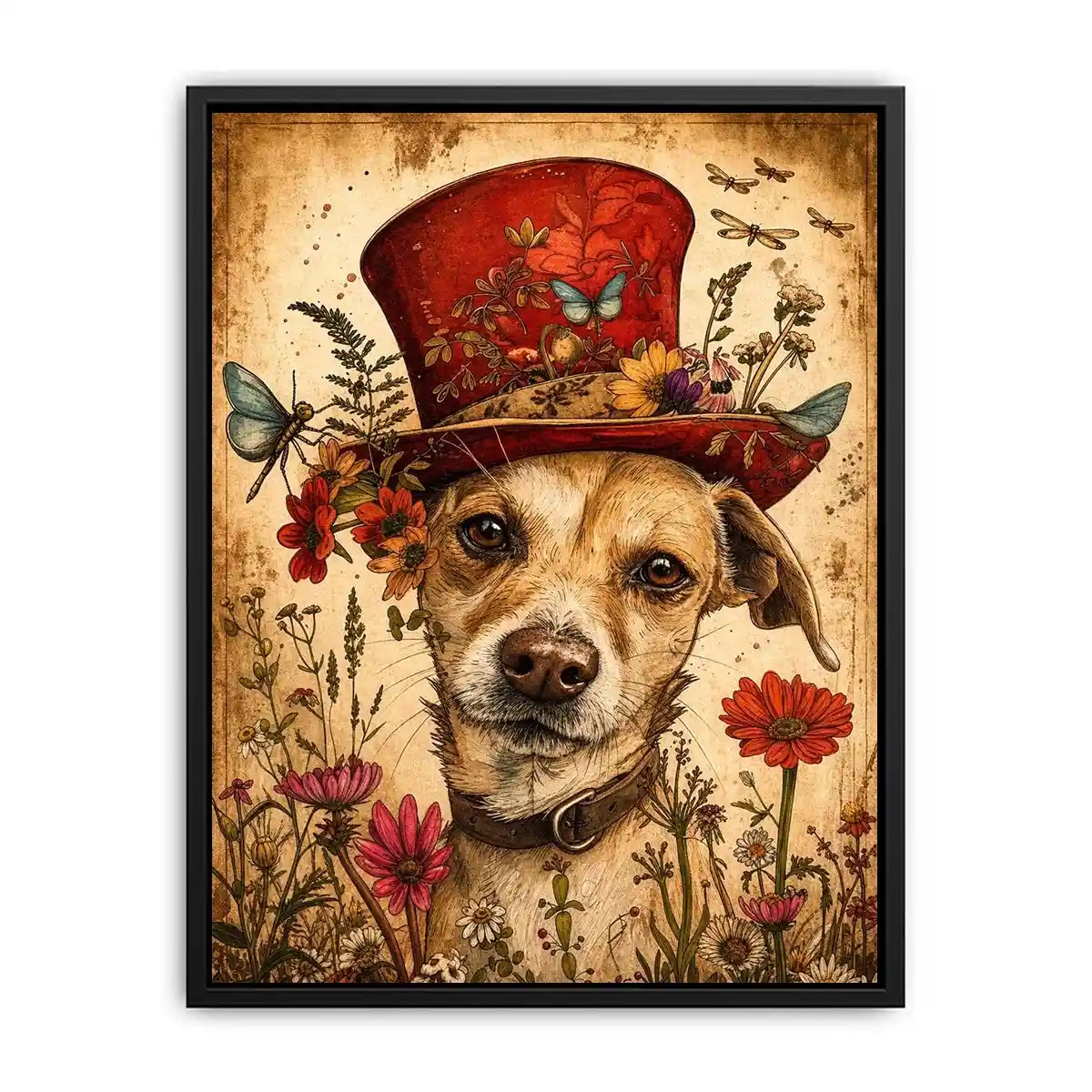 Vintage dog portrait wall art canvas with red hat, flowers, and butterflies, whimsical botanical decor for living room or bedroom
