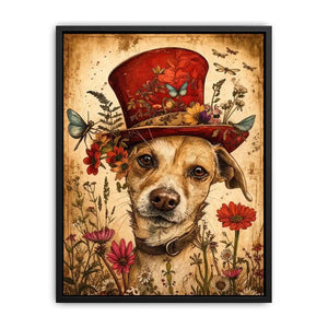 Vintage dog portrait wall art canvas with red hat, flowers, and butterflies, whimsical botanical decor for living room or bedroom
