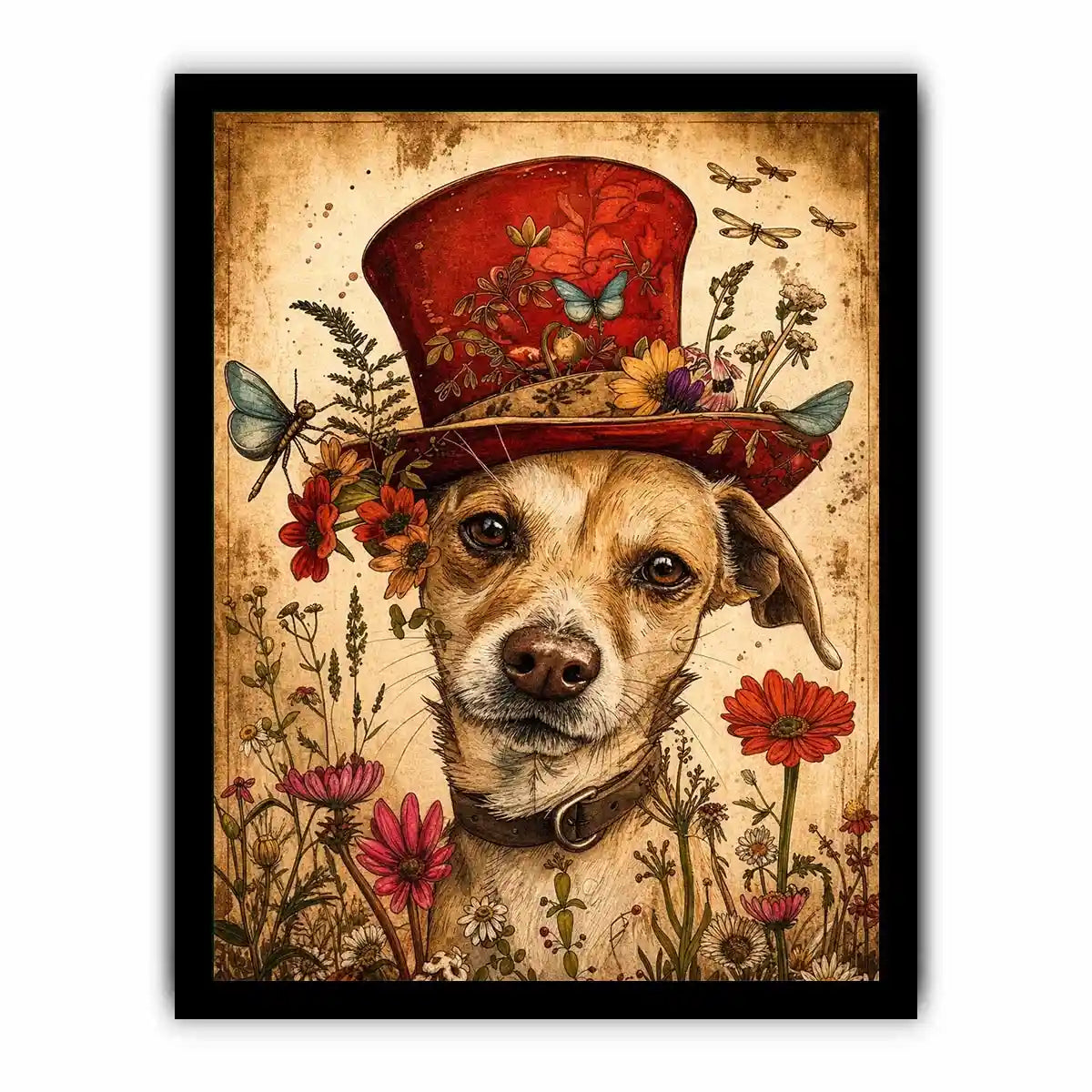Vintage dog portrait wall art canvas with red hat, flowers, and butterflies, whimsical botanical decor for living room or bedroom
