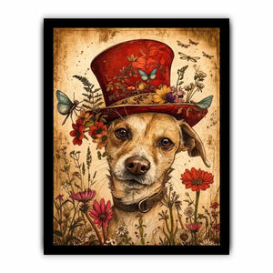 Vintage dog portrait wall art canvas with red hat, flowers, and butterflies, whimsical botanical decor for living room or bedroom