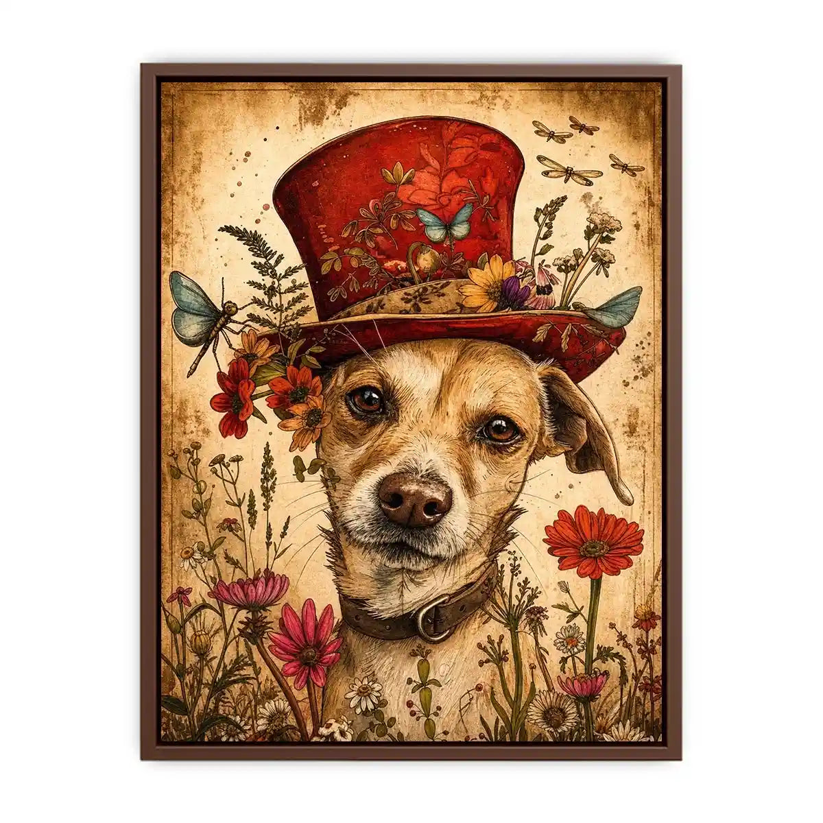 Vintage dog portrait wall art canvas with red hat, flowers, and butterflies, whimsical botanical decor for living room or bedroom