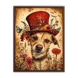 Vintage dog portrait wall art canvas with red hat, flowers, and butterflies, whimsical botanical decor for living room or bedroom