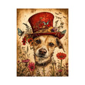 Vintage dog portrait wall art canvas with red hat, flowers, and butterflies, whimsical botanical decor for living room or bedroom