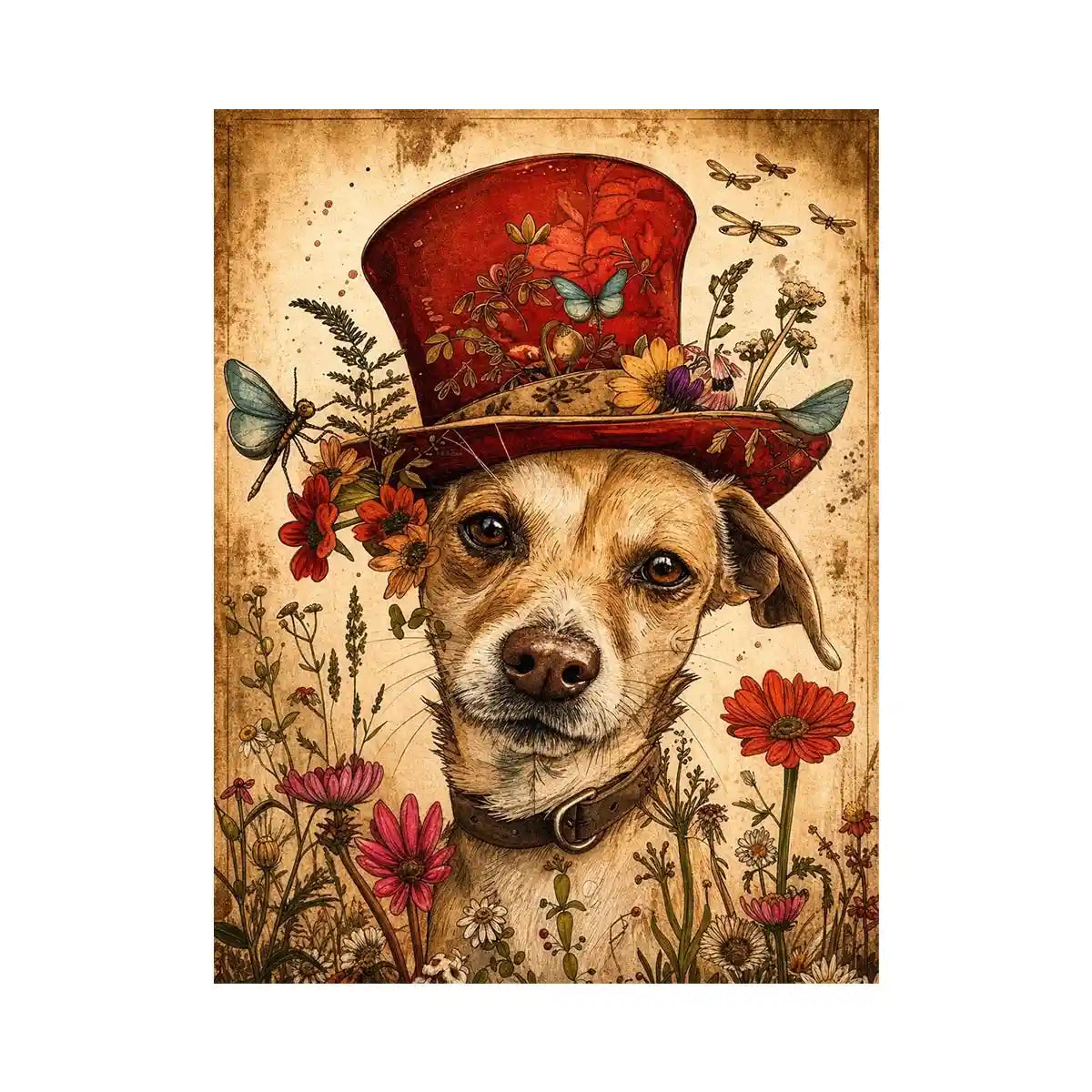 Vintage dog portrait wall art canvas with red hat, flowers, and butterflies, whimsical botanical decor for living room or bedroom