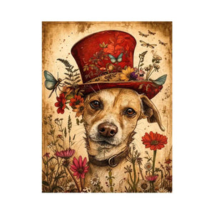 Vintage dog portrait wall art canvas with red hat, flowers, and butterflies, whimsical botanical decor for living room or bedroom
