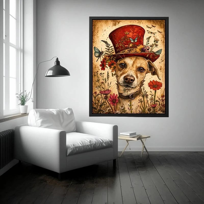 Vintage dog portrait wall art canvas with red hat, flowers, and butterflies, whimsical botanical decor for living room or bedroom
