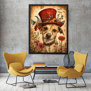 Vintage dog portrait wall art canvas with red hat, flowers, and butterflies, whimsical botanical decor for living room or bedroom