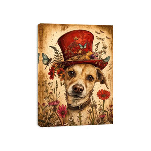 Vintage dog portrait wall art canvas with red hat, flowers, and butterflies, whimsical botanical decor for living room or bedroom