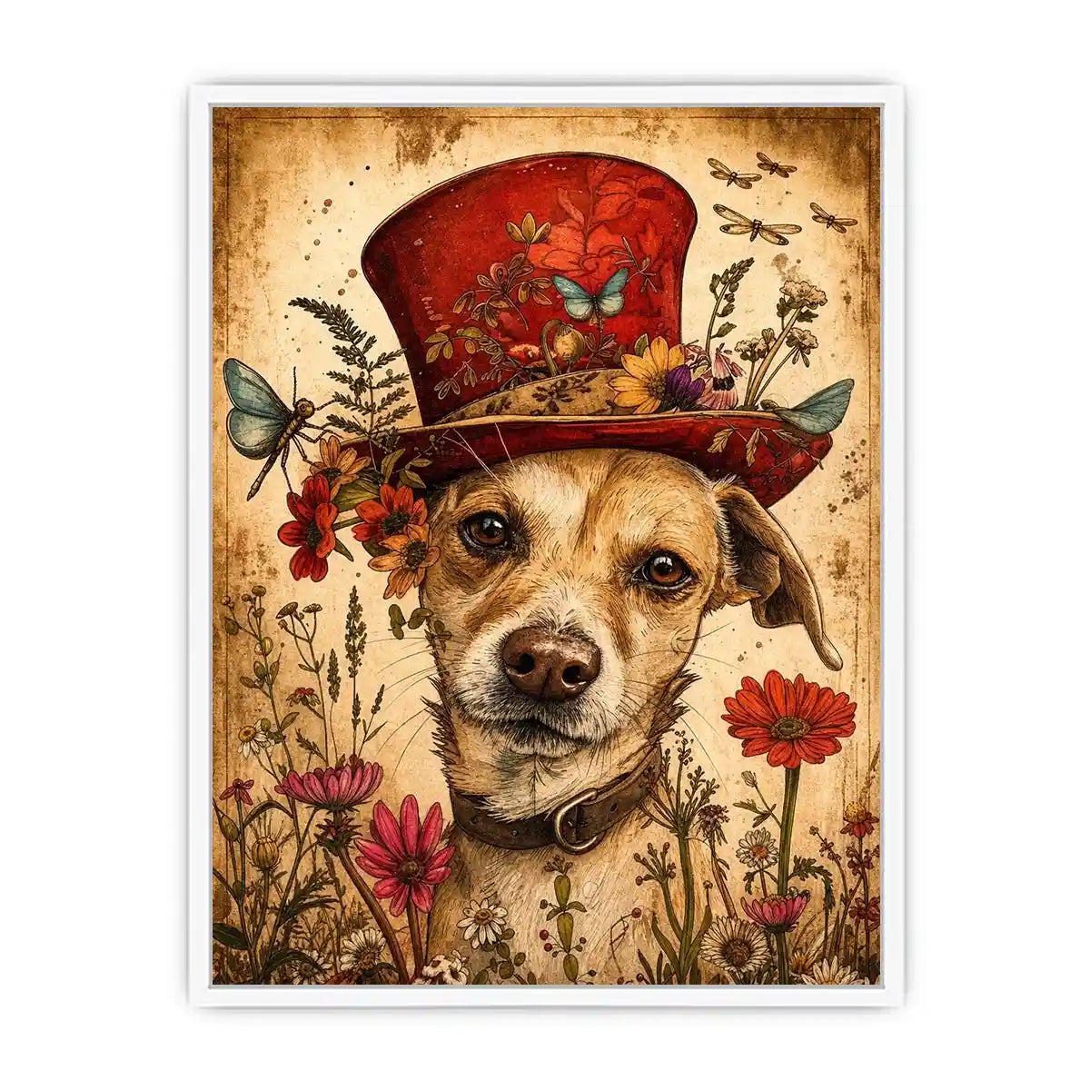 Vintage dog portrait wall art canvas with red hat, flowers, and butterflies, whimsical botanical decor for living room or bedroom