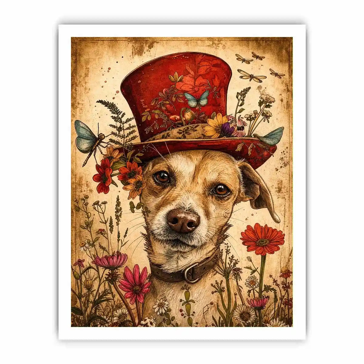 Vintage dog portrait wall art canvas with red hat, flowers, and butterflies, whimsical botanical decor for living room or bedroom