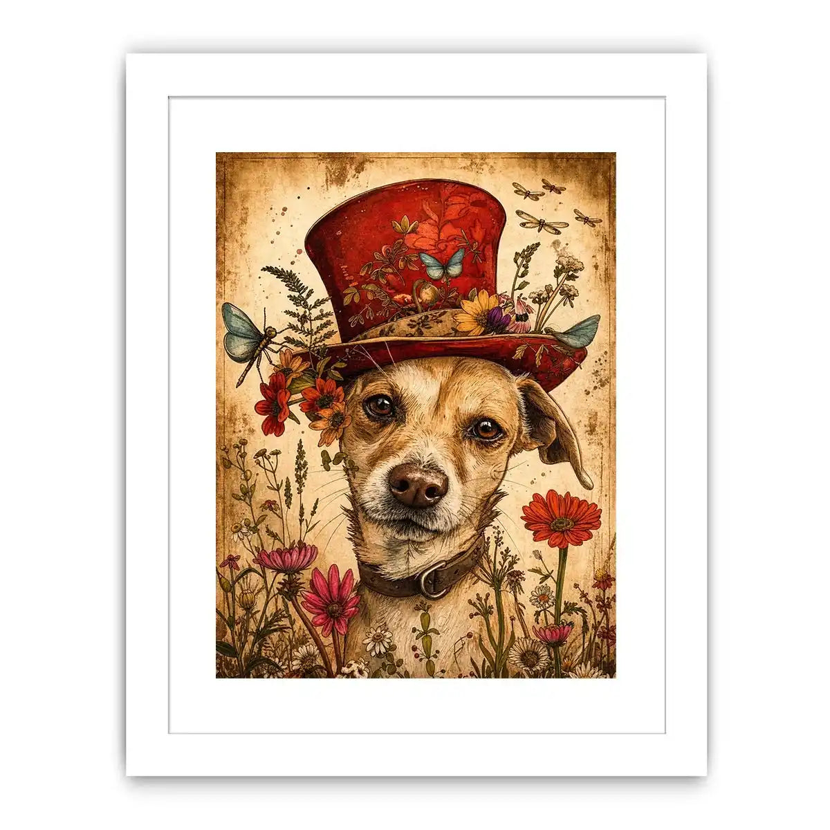 Vintage dog portrait wall art canvas with red hat, flowers, and butterflies, whimsical botanical decor for living room or bedroom