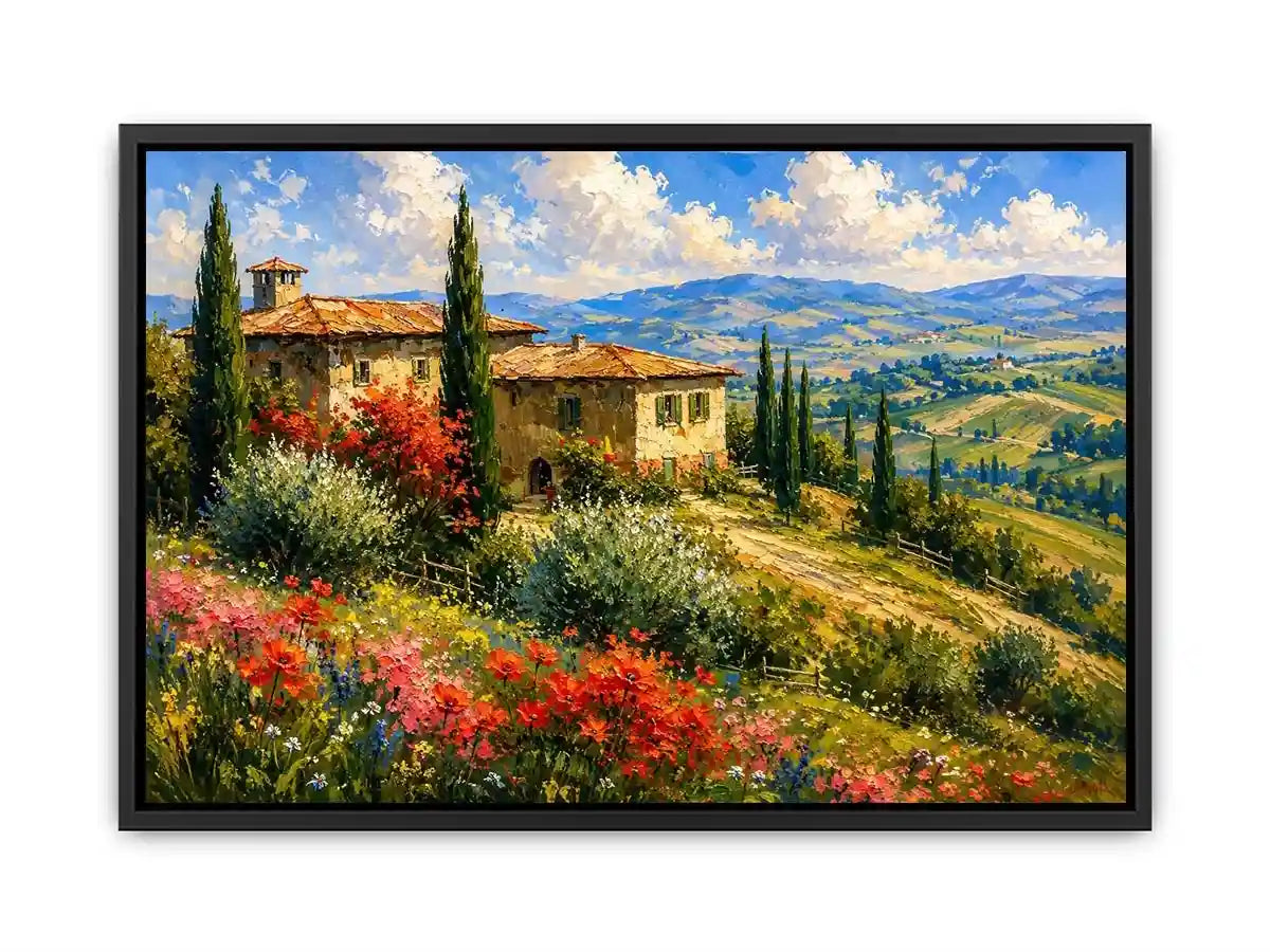 Italian countryside villa landscape in impressionist countryside painting style for dining room decor.
