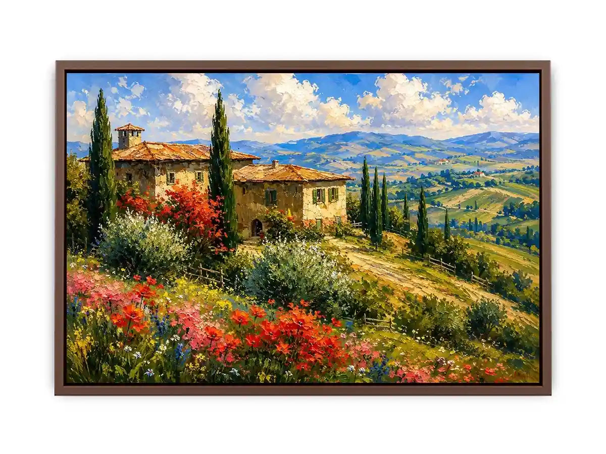 Italian countryside villa landscape in impressionist countryside painting style for dining room decor.