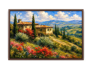Italian countryside villa landscape in impressionist countryside painting style for dining room decor.