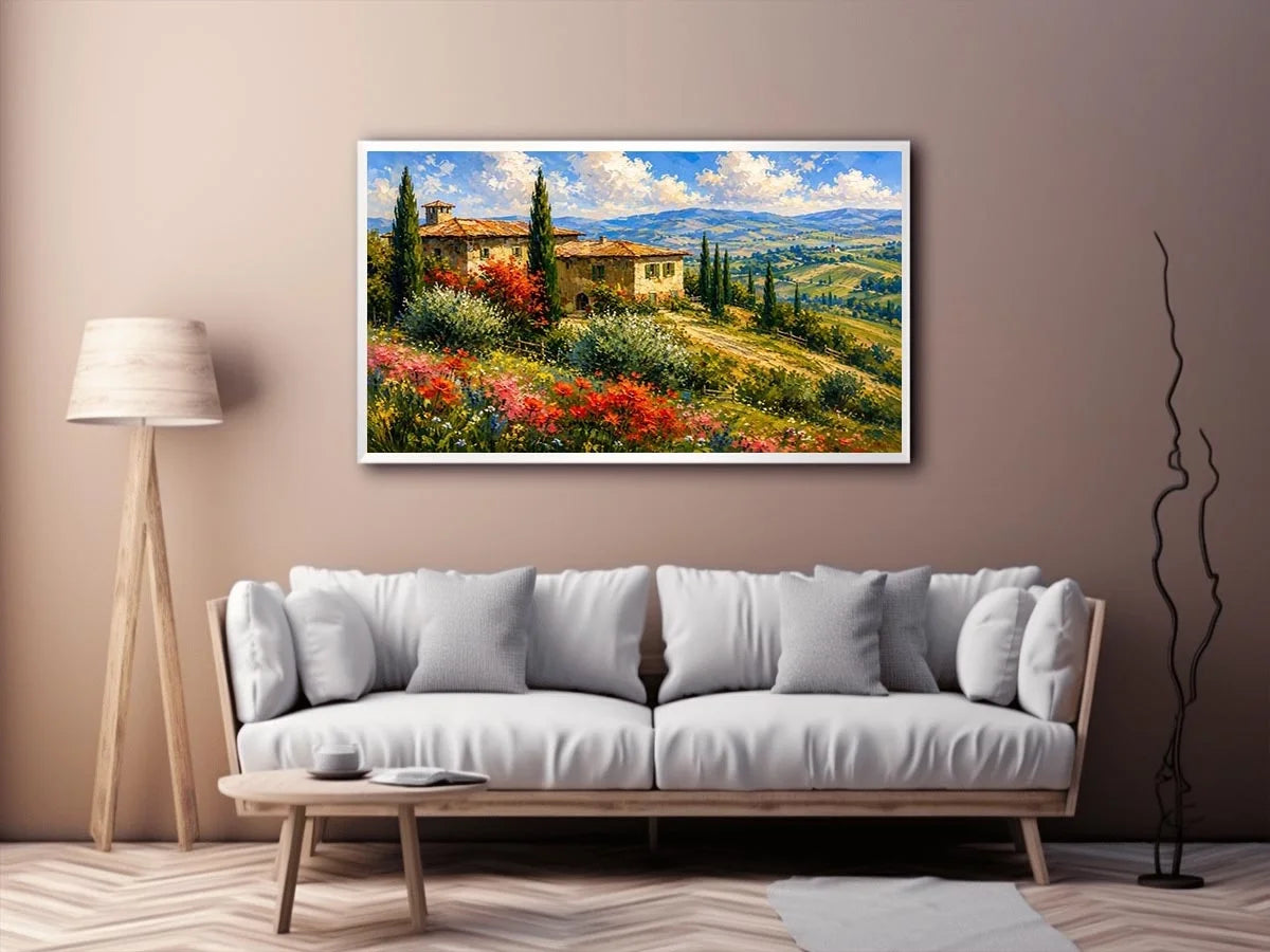 Italian countryside villa landscape in impressionist countryside painting style for dining room decor.