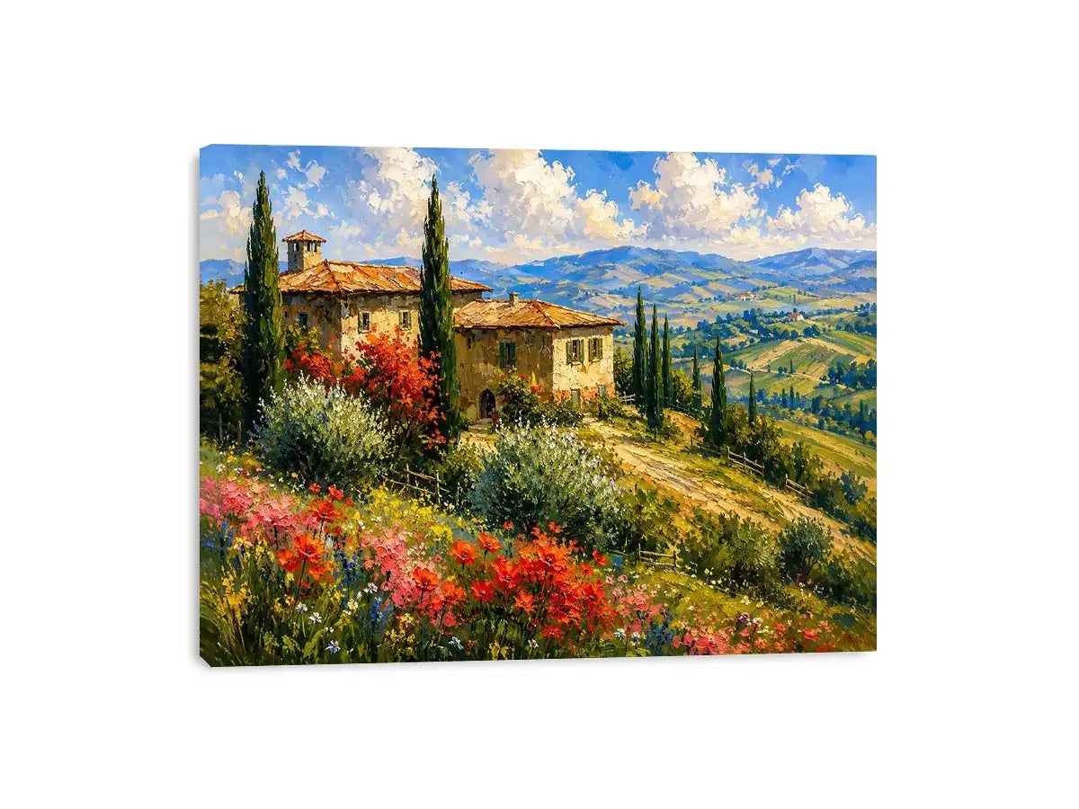 Italian countryside villa landscape in impressionist countryside painting style for dining room decor.