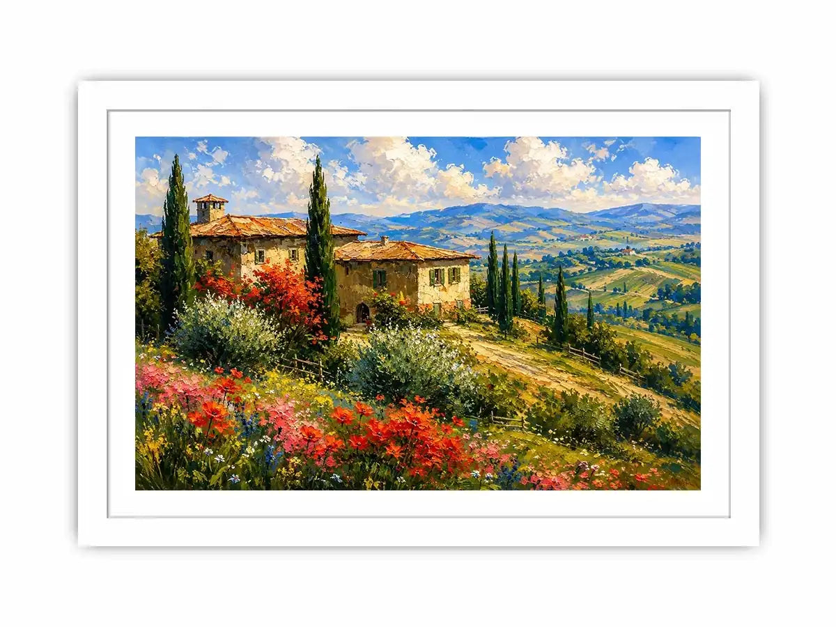 Italian countryside villa landscape in impressionist countryside painting style for dining room decor.