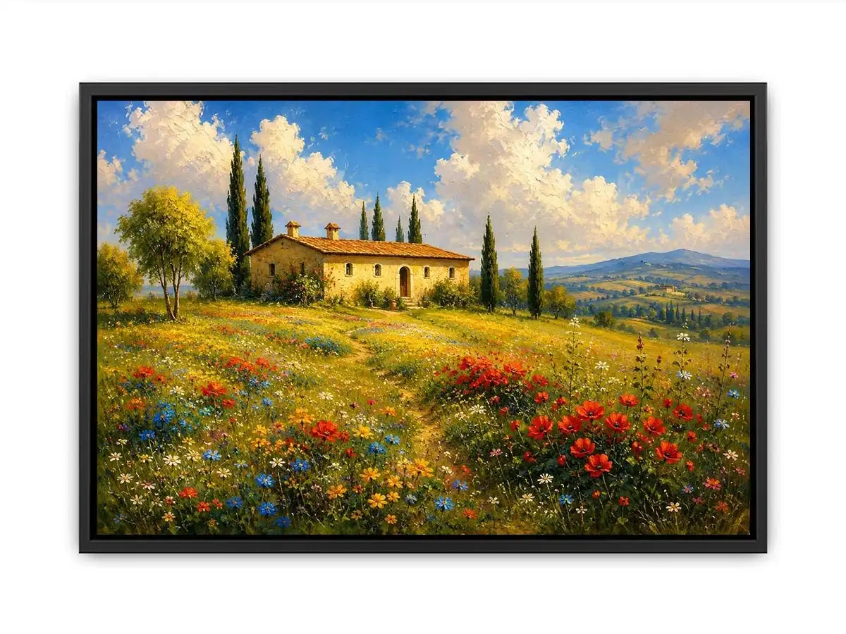 Tuscan countryside landscape with cottage and wildflowers for stylish living room wall decor.