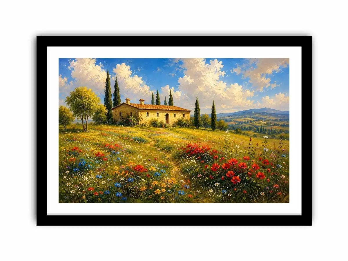 Tuscan countryside landscape with cottage and wildflowers for stylish living room wall decor.