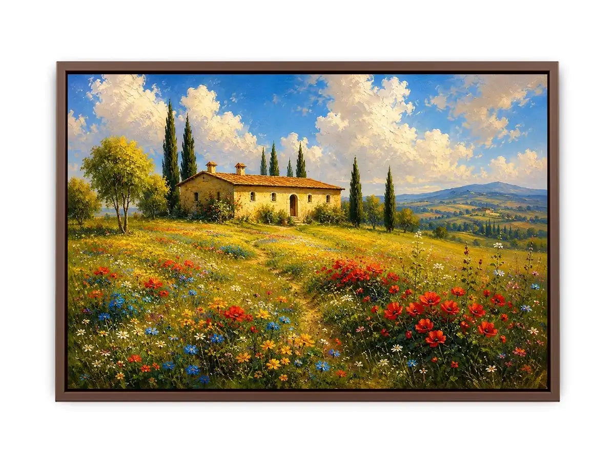 Tuscan countryside landscape with cottage and wildflowers for stylish living room wall decor.