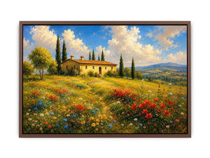 Tuscan countryside landscape with cottage and wildflowers for stylish living room wall decor.