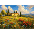 Tuscan countryside landscape with cottage and wildflowers for stylish living room wall decor.