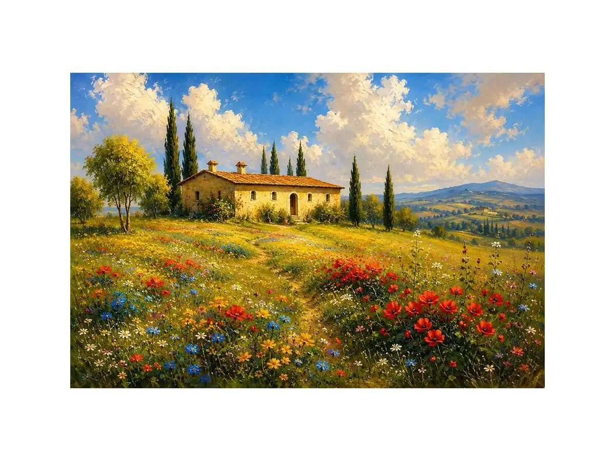 Tuscan countryside landscape with cottage and wildflowers for stylish living room wall decor.