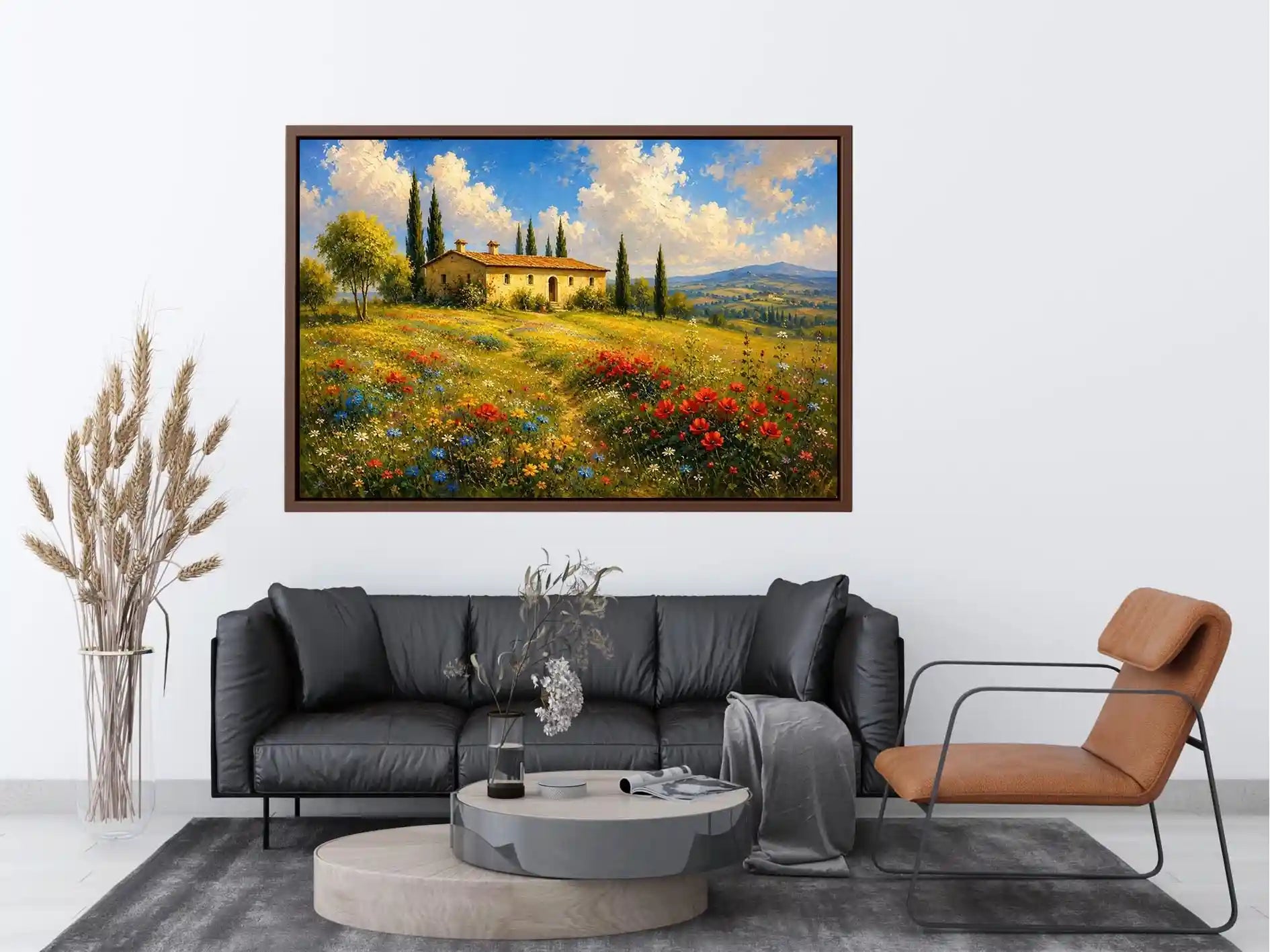 Tuscan countryside landscape with cottage and wildflowers for stylish living room wall decor.