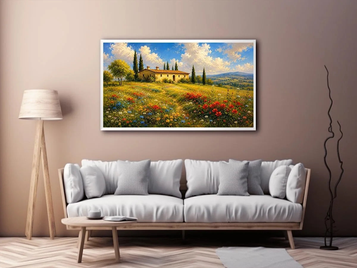 Tuscan countryside landscape with cottage and wildflowers for stylish living room wall decor.