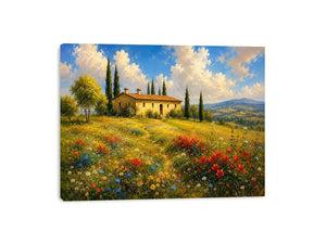 Tuscan countryside landscape with cottage and wildflowers for stylish living room wall decor.