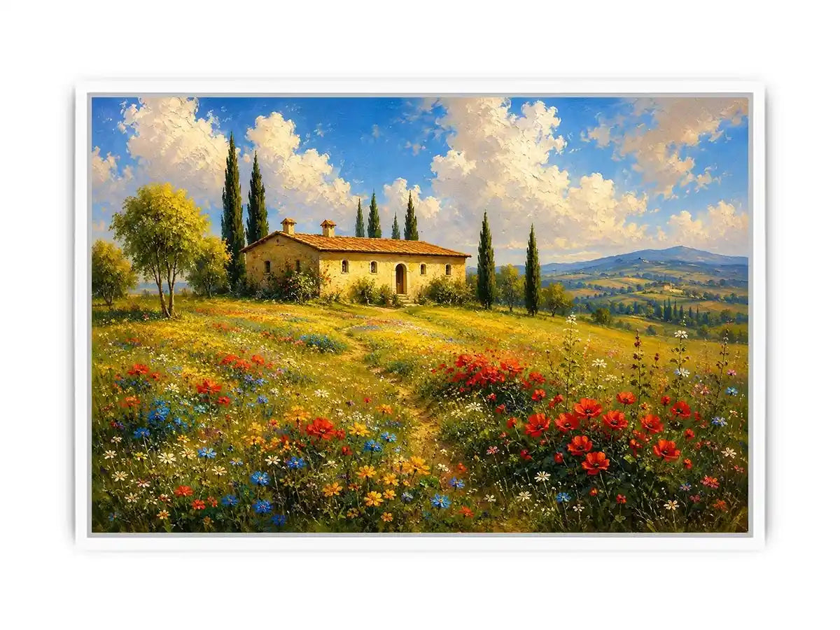 Tuscan countryside landscape with cottage and wildflowers for stylish living room wall decor.