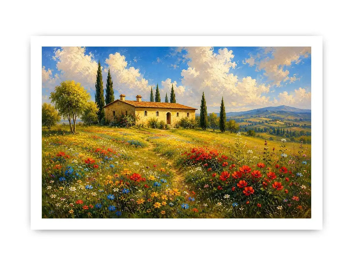 Tuscan countryside landscape with cottage and wildflowers for stylish living room wall decor.