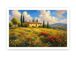 Tuscan countryside landscape with cottage and wildflowers for stylish living room wall decor.