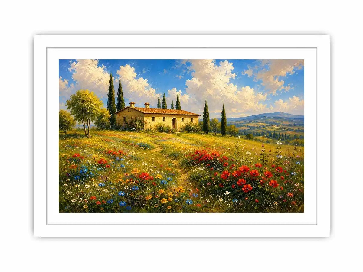 Tuscan countryside landscape with cottage and wildflowers for stylish living room wall decor.