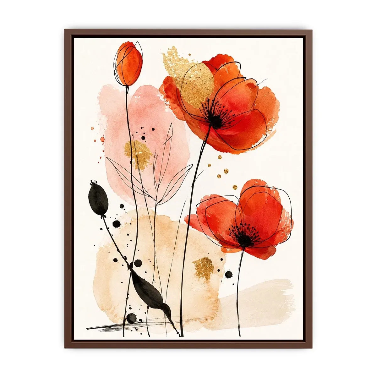 Abstract watercolor poppy floral artwork for stylish living room wall decor.