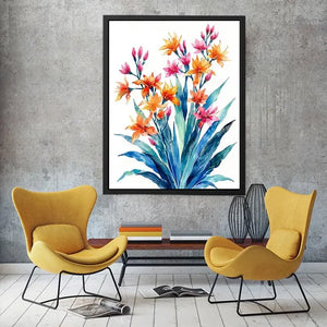 Vibrant tropical watercolor floral bouquet for stylish living room wall decor.
