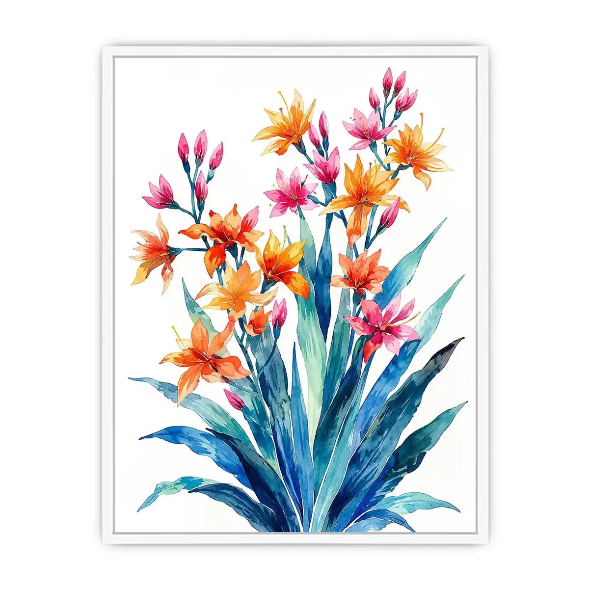 Vibrant tropical watercolor floral bouquet for stylish living room wall decor.