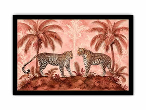 Vintage leopard tropical landscape in blush tones for stylish living room wall decor.