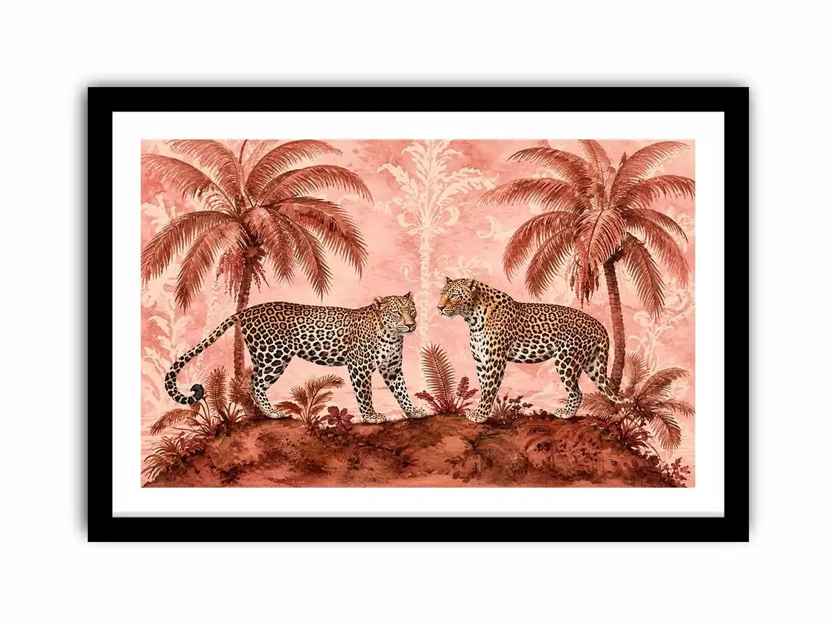 Vintage leopard tropical landscape in blush tones for stylish living room wall decor.
